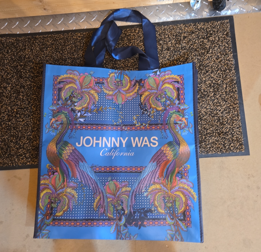 Johnny Was Blue Tote with Multicolor Peacock Motif